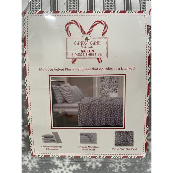 6 Pc SNOWFLAKES Queen Set Winter Holiday Sheets Gray Stripe Plush Sheet Blanket - Picture 5 of 7